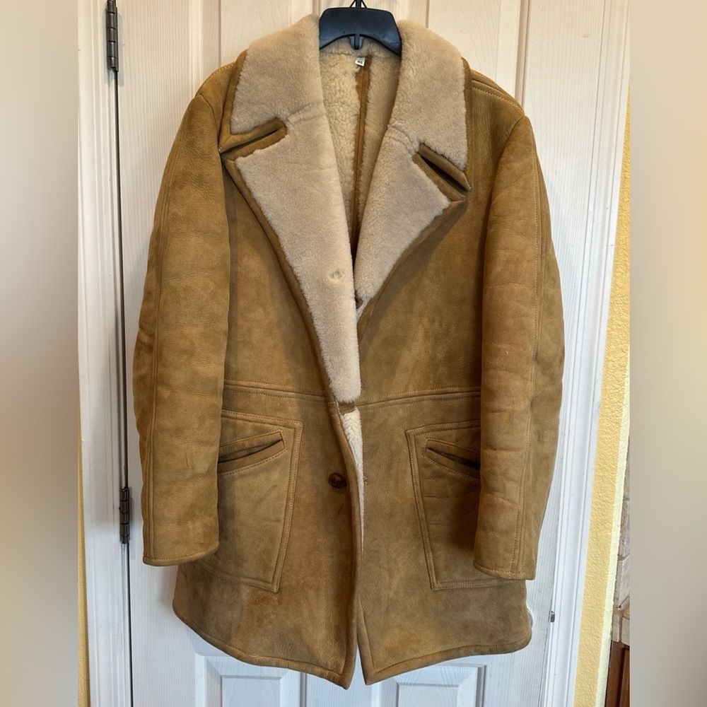 Men’s Shearling Sheepskin Coat Suede Rancher Jacket Size 40 Tan Color